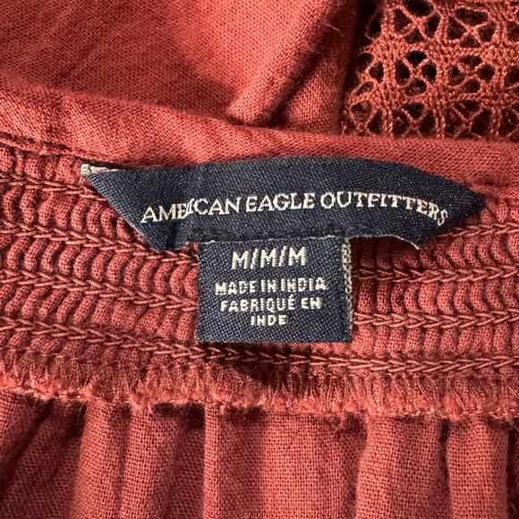 American Eagle Medium Top Semi-Sheer Crochet Keyhole Tassels Smocked Neck Cotton - Picture 8 of 10